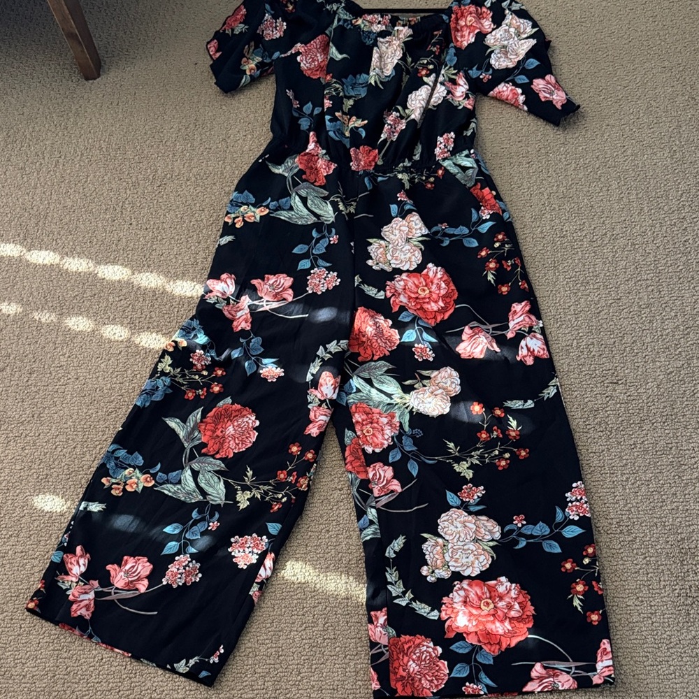 Amazon Elegant Black Jumpsuit with Red and Pink Floral Pattern
